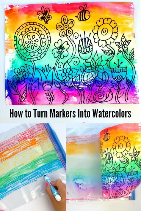 Kids Watercolor Painting With Markers Painting With Markers, Fun Kids Art Projects, Spring Art Projects, Crayola Markers, Watercolor Backgrounds, Crafts For Teens To Make, Kids Watercolor, Kid Art, Homeschool Art