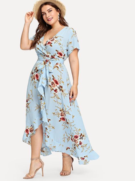 Plus Asymmetric Ruffle Hem Botanical Wrap Dress -SheIn(Sheinside) Easter Dress Toddler, Summer Dresses Uk, Shein Plus Size, Dressing Table Ideas, Easter Dresses For Toddlers, Plus Size Long Dresses, Sukienki Plus Size, Plum Dress, Plus Size Summer Dresses