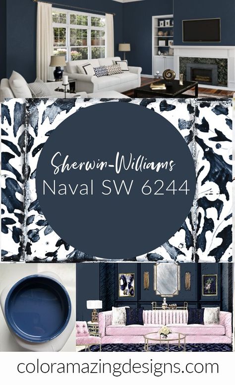 Sherman Williams Navy Blue Paint Colors, Navy Blue Accent Wall Bedroom Paint Colors, Blue Accent Wall Living Room Paint, Sherwin Williams Navy Paint Colors, Navy Accent Wall Bathroom, Dark Coastal Decor, Navy Blue Basement, Navy Blue Kitchen Walls, Bedroom Furniture Paint Colors