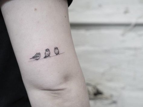 Tiny Birds On A Branch Tattoo, Small Delicate Bird Tattoo, Small Sparrow Tattoo Design, Small Bird On Branch Tattoo, Small Finch Tattoo, Bird On Line Tattoo, Unique Parent Tattoos, Do The Next Right Thing Tattoo, Tiny Chickadee Tattoo