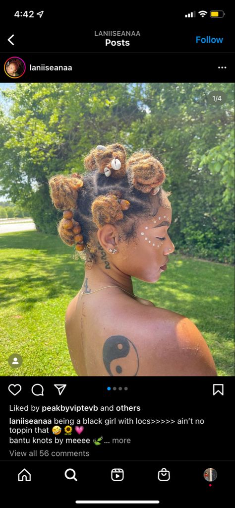 Yin Yang Tattoo Black Women, Loc Styles With Flowers, Space Buns Dreads, Summer Loc Colors, Space Bun Loc Style, Loc Bantu Knot Styles, Locs Bun With Bangs, Bantu Knots With Locs, Summer Loc Styles