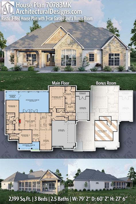 Four Car Garage House Plans, Side Load Garage House Plans Open Floor, 2000 Sqft House Plan, Ranch Brick House, Compact House Plans, Bonus Room Floor Plan, Garage With Storage, Brick House Plans, Three Bedroom House Plan