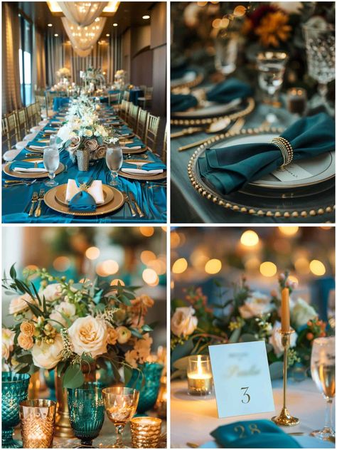 Shades Of Teal Wedding, Teal Aesthetic Wedding, Teal Gold Wedding Decoration, Teal And Gold Table Setting, Arabian Theme Wedding, Teal And Gold Wedding Theme, Red And Green Wedding Theme, Teal Tablescape, Green Wedding Theme Ideas