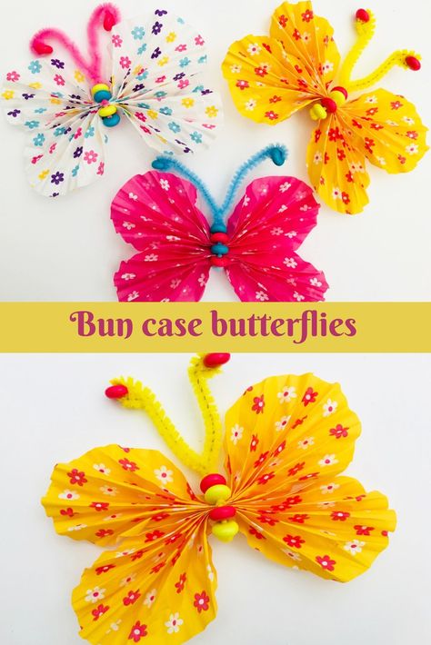 Cupcake liner butterflies that take just 5 minutes to make. A fun spring craft that kids can enjoy. Butterfly Art And Craft, Cupcake Liner Crafts, April Crafts, Butterfly Cupcakes, Crafts Diy Projects, Spring Craft, Spring Kids, Spring Crafts For Kids, Butterfly Crafts