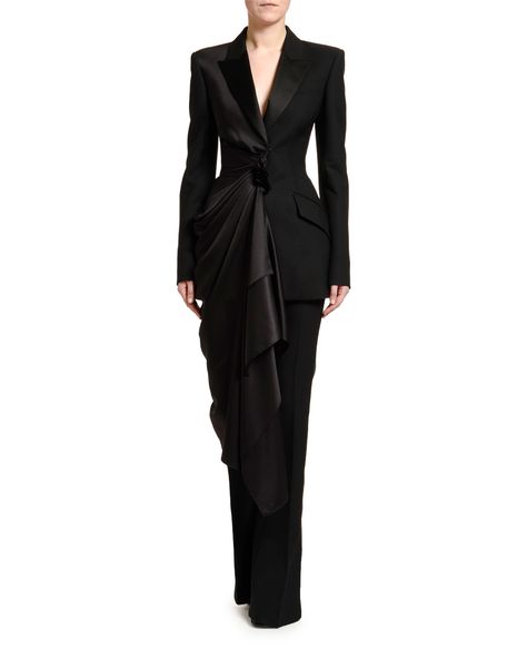 Alexander McQueen Satin-Side Draped Tuxedo Blazer Silk Blazer Outfit, Party Dress Elegant, Plaid Party, Alexander Mcqueen Dresses, Alexander Mcqueen Clothing, Work Blazer, Mcqueen Fashion, Tuxedo Blazer, Satin Jacket