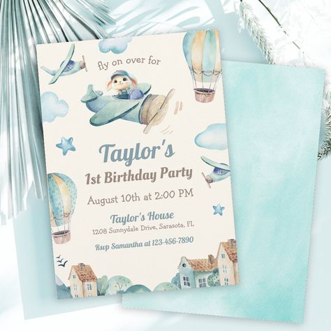 Cute Boy's Airplane Theme 1st Birthday Party Invitation Toddler Boy Birthday, Storybook Theme, Puffy Clouds, Airplane Theme, 1st Birthday Party Invitations, Boy Birthday Invitations, Unique Birthday, Party Details, Hot Air Balloons