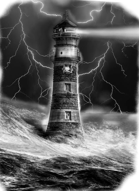 Creepy Lighthouse Tattoo, Stormy Lighthouse Tattoo, Lighthouse Tattoo Design Realistic, Lighthouse Drawing Tattoo, Light House Tattoo Design, Lighthouse Tattoo Men, Lighthouse Tattoo Design, Light House Tattoo, Flash Tattoo Sleeve