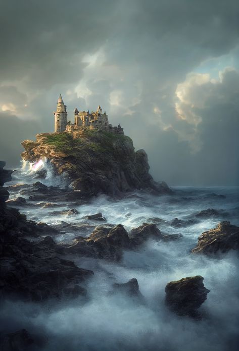 Lake Castle Fantasy Art, Mythical Castles Fantasy Art, Fantasy Island Castle, Castle Ruins Fantasy Art, Island Castle Fantasy Art, Magical Fantasy Kingdom Aesthetic, Asoiaf Castles, Fantasy Castle Art, Ocean Castle