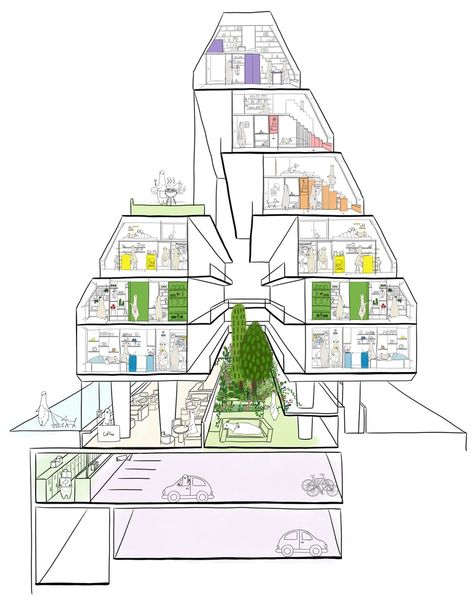 Gallery of Treehouse Apartment Building / Bo-DAA - 26 Social Housing Architecture, Building Concept, Concept Diagram, Landscape Concept, Architectural Section, Architectural Drawing, Diagram Architecture, Space Architecture, Architecture Portfolio