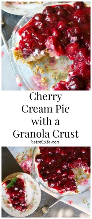 If you make your pie recipes with a graham cracker crust, why not try a granola crust? Cherry Cream Pie with a Granola Crust Recipe. Granola Pie, Cherry Cream Pie, Cherry Chocolate Recipes, Granola Crust, Cherry Cookies Recipes, Summer Pie Recipes, Cherry Bread, Cherry Muffins, Creamy Pie