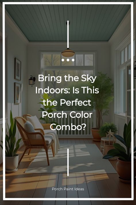 Airy porch with white walls, pale blue ceiling, and natural wood floor Enclosed Porch Paint Colors, Porch Ceiling Paint Colors, Porch Color Ideas Paint, Angled Bedroom, Ceiling Paint Colors, Modern Porch, Porch Colors, Porch Paint, Enclosed Porches