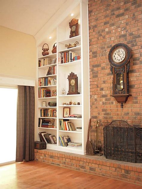 Built In Shelves Living Room Cathedral Ceiling, Built Ins Cathedral Ceiling, Vaulted Ceiling Bookcase, Cathedral Ceiling Built Ins, Vaulted Ceiling Bookshelves, Fireplace Bookcase Ideas, Fireplace Built Ins Vaulted Ceiling, Cathedral Ceiling Fireplace, Library Walls