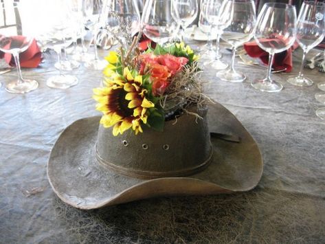 cowboy-hat-vase-flowers-country Cowboy Hat Centerpiece, Cowboy Centerpieces, Western Centerpieces, Reception Table Centerpieces, Table Centerpiece Flower, Western Birthday Party, Party Table Centerpieces, Western Birthday, Western Theme Party