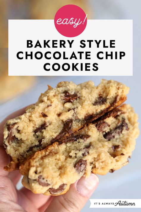 Large Bakery Style Chocolate Chip Cookies, Thick Bakery Style Chocolate Chip Cookies, How To Make Thick Chocolate Chip Cookies, Best Bakery Style Chocolate Chip Cookies, Thick Chocolate Chip Cookies Recipe, Thick Cookies Chocolate Chip, Dense Chocolate Chip Cookies, Best Thick Chocolate Chip Cookies, Chocolate Chip Cookies Bakery Style