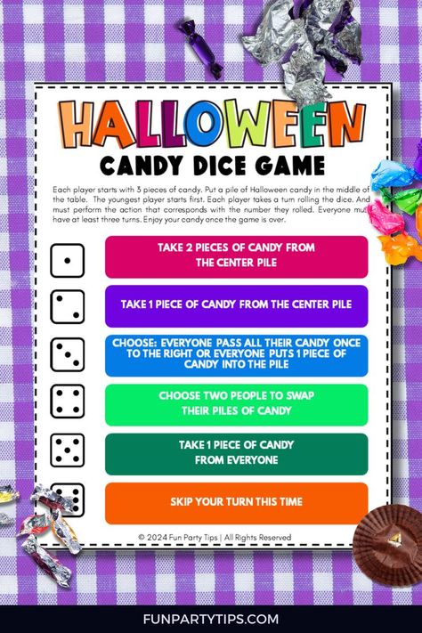 Sweeten your Halloween with this free printable candy dice game! Perfect for class parties, Halloween parties, or family fun. Roll, laugh, and treat yourself to a spooktacular time. Halloween candy games have never been so deliciously exciting! Halloween Candy Games, Halloween Candy Dice Game, Candy Dice Game, Candy Bar Game, Halloween Candy Bar, Fun Halloween Games, Free Printable Halloween, Halloween Bingo, Bar Game