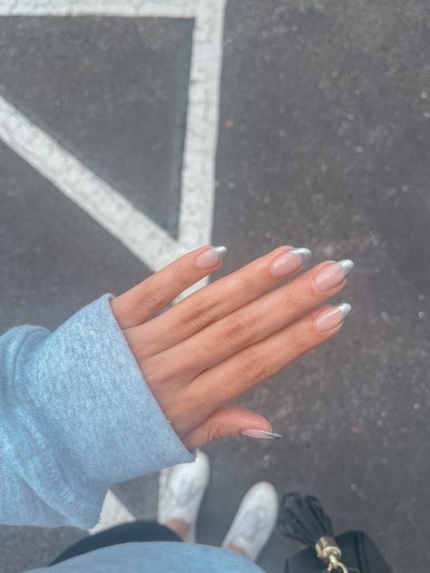 Gray Or Silver Nails, Nails With Silver French Tip, Hoco Nails 2023, Silver French Almond Nails, Grey Nail Tips, Silver Simple Nails, Silver Acrilyc Nails, Silver Tip Acrylic Nails, Sliver Chrome Nails French Tip