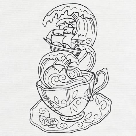 Tempest in a Teacup | Urban Threads: Unique and Awesome Embroidery Designs Ship In A Teacup Tattoo, Page Of Cups Tattoo, Tea Cup Drawing, Teacup Tattoo, Storm In A Teacup, Cup Tattoo, Halloween Tattoos, Applique Embroidery Designs, Flash Art