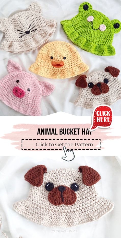 crochet Animal Bucket Hat easy pattern - Easy Crochet Hat Pattern for Beginners. Click to Get the Pattern #Hat #crochetpattern #crochet via @shareapattern.com Animal Crochet Hats, Cute Crochet Bucket Hat Free Pattern, Crochet Bucket Hat Animal, Crochet Easy Animals For Beginners, Crochet Cute Hats Free Pattern, Knitted Animal Hats, Crochet Bucket Hat Kids, Bucket Hat Knitted, Crochet Bucket Hat Baby