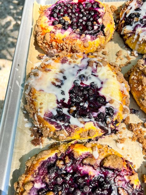 Wild Blueberry Coffee Cake Danishes Brioche Danish Recipe, Desserts That Are Not Too Sweet, Blueberry And Cream Cheese Recipes, Blueberry Brioche, Blueberry Bagel Recipe, Blueberry Pastry, Blueberry Breakfast Pastry, Danish Pastries, Blueberry Cream Cheese Danish Recipe