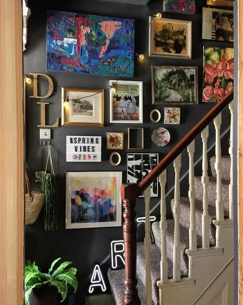 Maximalist Frame Wall, Eclectic Pictures On Wall, Unusual Gallery Wall, Gallery Walls Stairway, Eclectic Gallery Wall Staircase, Maximalist Hallway Decor, Gallery Wall Ideas Maximalist, Maximalist Stairwell, Maximalist Stairs