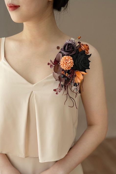 Burgundy Eucalyptus, Orange Chrysanthemum, Black Eucalyptus, Shoulder Corsage, Twilight Purple, Weddings Country, Red Grass, Country Weddings, Rose Orange