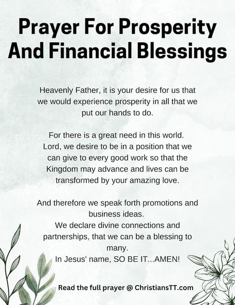 Prayers For Prosperity And Financial Blessings - ChristiansTT Prayers For Business, Prayers For Financial Breakthrough, Prayers For Blessings, Prayer For Blessings, Prayer For Prosperity, Business Prayer, Financial Prayers, Financial Blessings, Feeling Blessed