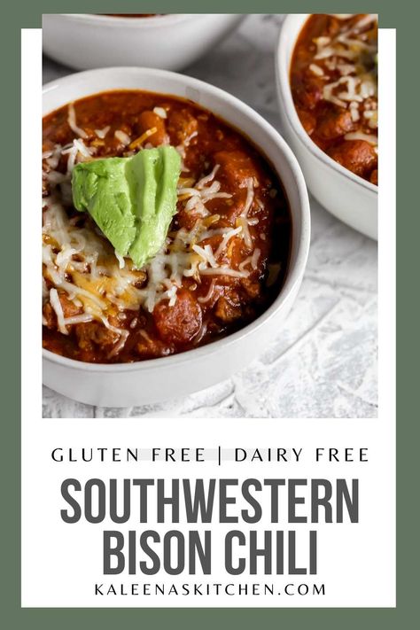 This easy Southwestern Bison Chili recipe comes together in under 30 minutes, uses ground bison, beans, and seasonings for the perfect chili recipe. Bison Chili Recipe Healthy, Bison Chili Recipe Slow Cooker, Bison Chili Crockpot, Bison Recipes Healthy, Bison Chilli, Healthy Bison Chili, Ground Bison Recipes Healthy, Bison Meatloaf Recipe, Bison Chili Recipe