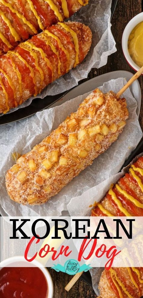 Korean Cheese Dog Recipe, Korean Style Corn Dogs Recipe, Korean Corn Dog Recipe No Yeast, Korean Potato Corn Dog Recipe, Airfryer Korean Corndogs, Gourmet Corn Dogs, Cheese Corn Dogs Korean, Diy Korean Corn Dog, Loren Corn Dog