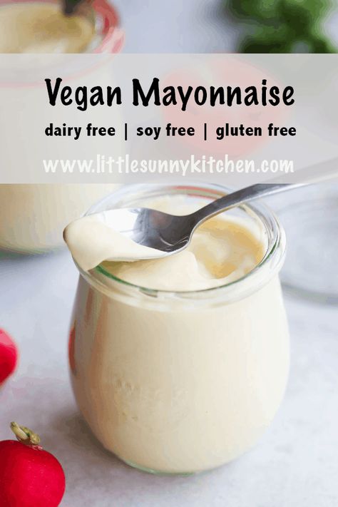 Rich, creamy and thick chickpea based vegan mayo! This mayo is egg free, cholesterol free, soy free, gluten free, easy to make and so much cheaper than store-bought vegan mayonnaise. #veganmayo #veganmayonnaise #vegansauce Dairy Free Mayo, Vegan Mayonaise, Gluten Free Easy, Little Sunny Kitchen, Sunny Kitchen, Mayonnaise Recipe, Soy Free Recipes, Vegan Mayo, Condiment Recipes