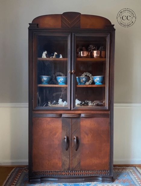 Art Deco Cabinet Refresh — Suzanne Bagheri Designs | Painted Furniture | Chalk Paint Tutorials Art Deco China Cabinet Makeover, Art Deco Wall Cabinet, Art Deco China Cabinet, Art Deco Painted Furniture, Waterfall China Cabinet, Prohibition Style, Art Deco China, Art Deco Paint, Furniture Chalk Paint