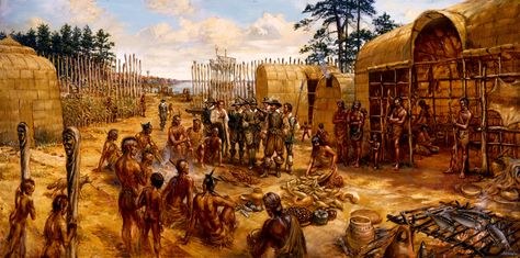 Indians and colonists lived in Jamestown. Jamestown Colony, King Painting, American Colonies, Colonial America, Us History, American Traditional, Military Art, American History, North America