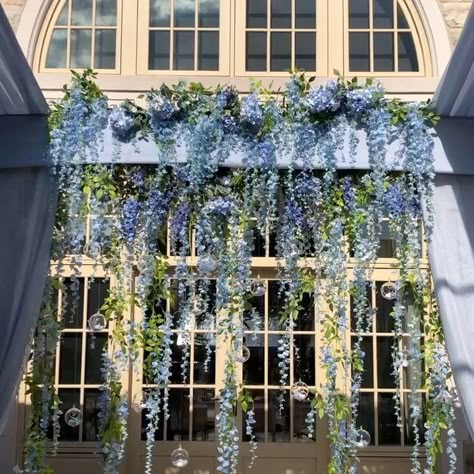 Hanging Blue Flowers, Wisteria Fairy Lights, Light Blue Outdoor Wedding, Blue Wisteria Wedding, Blue Hanging Flowers, Light Blue Party Aesthetic, Blue Garden Aesthetic, Wisteria Wedding Decor, Blue Outdoor Wedding