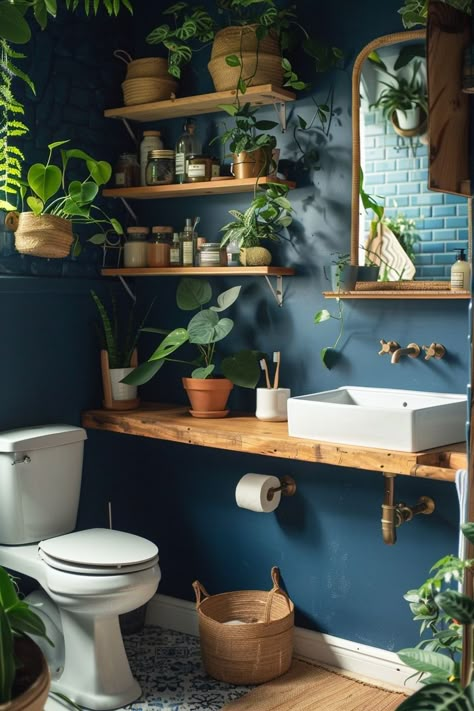 Small Dark Bathroom Ideas, Boho Bathroom Remodel, Bold Bathroom Ideas, Diy Bathroom Sink, Blue Bathroom Walls, Dark Blue Bathrooms, Teal Bathroom Ideas, Navy Blue Bathrooms, Navy Bathroom