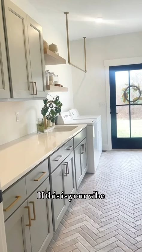 Brick Herringbone Kitchen Floor, Herringbone Floor Laundry Room, Laundry Brick Floor, Capella Brick Tile, Capella Ivory Brick Floor, Msi Capella Ivory Brick, Fun Laundry Room Tile, Small Laundry Room Flooring, Laundry Room Floor Tile Ideas