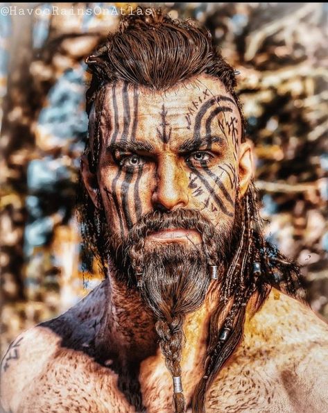 Mens Viking Halloween Makeup, Post Apocalyptic Makeup Male, Halloween Face Paint For Men With Beards, Viking Warrior Face Paint, Man Viking Costume, Viking Warrior Makeup Men, Viking Man Makeup, Viking Face Paint Men Warriors, Nordic Witch Costume