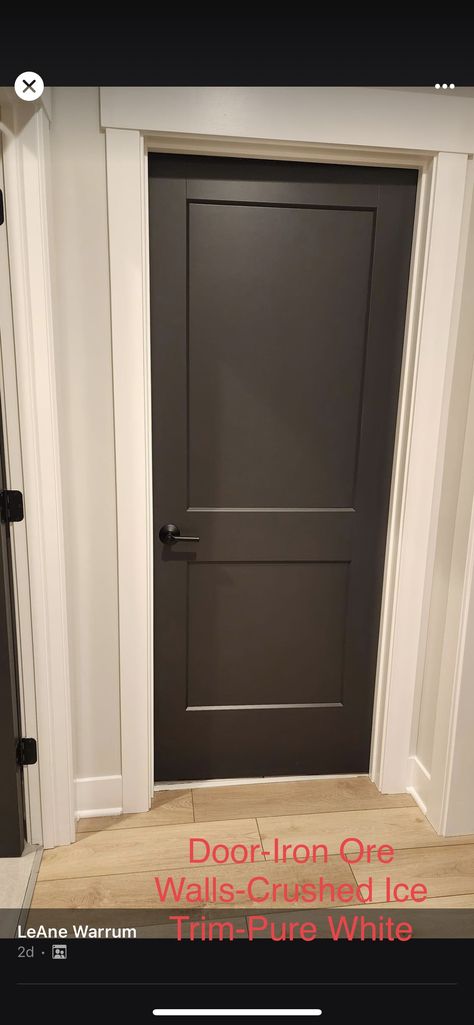 Slate Interior Doors, Interior Dark Doors, Alabaster Walls With Black Doors, Long Hallway Paint Colors, Best Colors For Interior Doors, Painted Hallway Doors Interior, Awkward Hallway Ideas, Grey Doors And Trim, Interior Doors Painted Colors