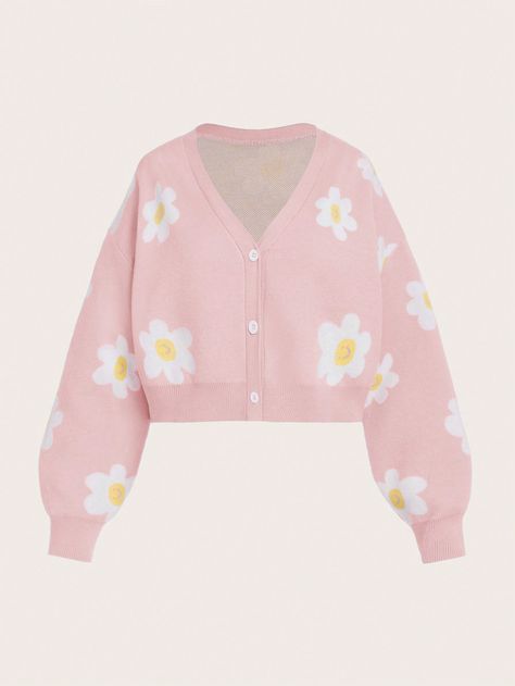 Pink Casual Collar Long Sleeve Knitwear Floral  Embellished Slight Stretch  Teen Girls Clothing Light Pink Cardigan, Drop Shoulder Cardigan, Girls Cardigan, Pink Cardigan, Teen Girl Outfits, Flower Designs, Light Pink, Floral Pattern, Knitwear