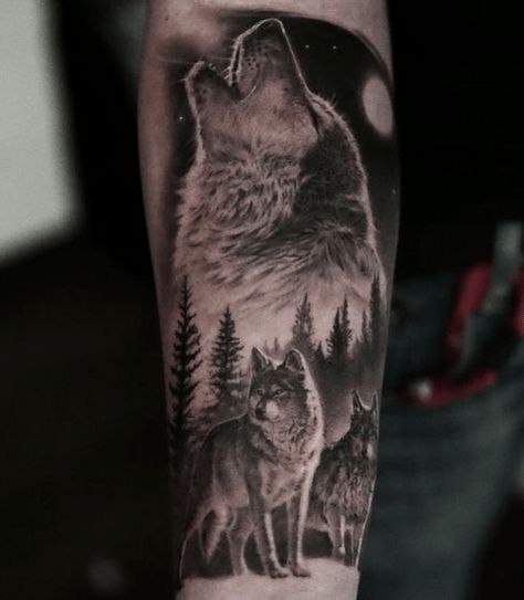 Dedicate a beautiful wolf pack tattoo to your family - find our wolf tattoo guide by clicking the pin to see more! Lone Wolf Tattoo Men Forearm, Family Of Wolves Tattoo, Men’s Wolf Tattoo, Wolf Pack Tattoo Men, Wolf Pack Tattoo For Women, Wolf Family Tattoos For Men, 3 Wolf Tattoo, Pack Of Wolves Tattoo, Wolf Pup Tattoo