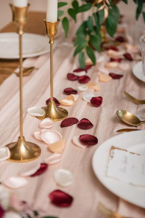 Wedding Rose Petals | Silk Rose Petals 200/400pcs - Red & Burgundy – Ling's moment Gold Cream Color Palette, At Home Anniversary Ideas, Home Anniversary Ideas, Rose Petals Wedding Table, Color Pop Wedding, Vday Dinner, Newly Engaged Gifts, We Still Do Vow Renewal, Bachelorette Gifts For Bride