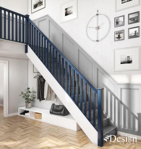 Navy Staircase Banister, Navy Blue Stair Railing, Navy Blue Staircase, Painted Wooden Staircase, Blue Bannister, Navy Staircase, Stairs Painted White, Staircase Paint, Stairs Tiles Design