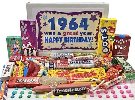 Amazon.com : RETRO CANDY YUM ~ 1964 59th Birthday Gift Box Nostalgic Candy Mix from Childhood for 59 Year Old Man or Woman Born 1964 Jr : Grocery & Gourmet Food 40 Year Old Man, Candy Assortment, 57th Birthday, 64th Birthday, Old Candy, Gourmet Candy, Fun Dip, Nostalgic Candy, Classic Candy