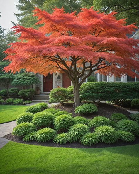 Thinking about adding a tree to your front yard? Tree Mound Landscaping, Small Trees Front Yard, Front Yard Center Island Landscaping Ideas, Front Yard Landscaping Colorado, Japanese Style Front Yard, Row Of Trees Landscaping, Trees To Plant In Front Yard, Small Front Yard Trees, Japanese Maple Tree Front Yard