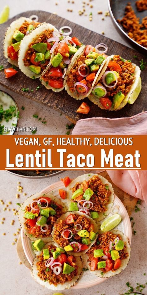 This easy lentil taco meat is healthy, flavorful, packed with plant-based protein and iron, and is ready in under 30 minutes – A frugal, healthy, satisfying, and versatile meat-free protein for lentil tacos, burritos, salads, and more! #lentiltacomeat #lentiltacos #vegantacos #walnutmeat #elasrecipes | elavegan.com Protein Substitutes, Lentil Taco Meat, Lentil Tacos Recipes, Beans Recipe Healthy, Jazzy Vegetarian, Vegan Feast, Lentils And Quinoa, Lentil Tacos, Vegan Taco