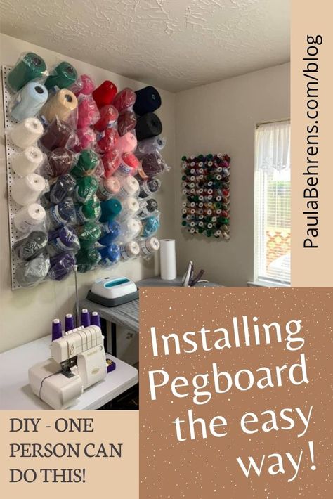 Uses For Pegboards, Peg Board Yarn Wall, Macrame Craft Room, Pegboard Yarn Storage, Yarn Pegboard, Yarn Storage Wall, How To Install Pegboard, Hang Pegboard, Pegboard Craft Room