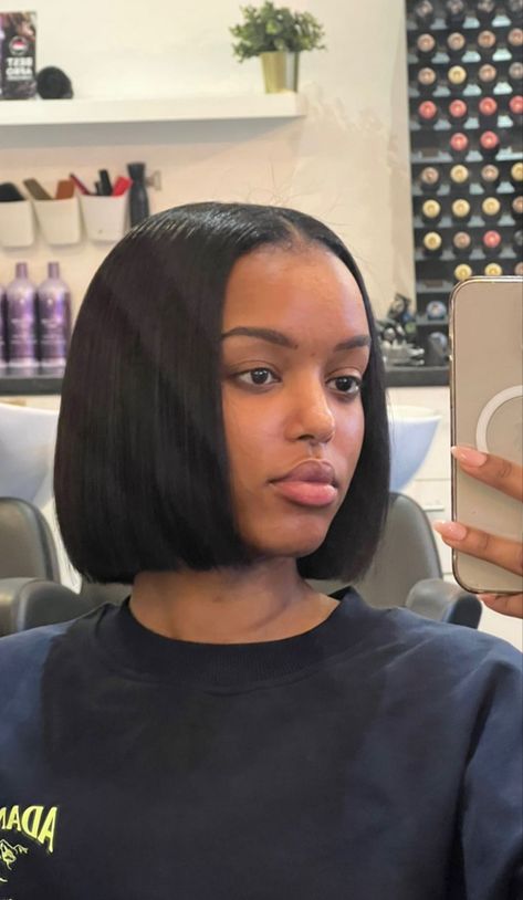 Bob Haircut For Black Women Natural, Jet Black Bob Black Women Natural Hair, Middle Part Short Bob Black Women, Middle Part Silk Press Natural Hair Bob, Chin Length Bob Black Women, Bob Hairstyles Natural Hair, Jet Black Bob Black Women, Bob Haircuts Black Women, Short Bob Natural Hair Black Women