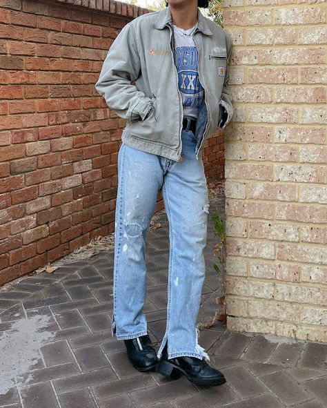 Mens Indie Sleaze, Guidi Boots Outfit, Vintage Flannel Outfits, Derby Outfits Men, Thrifted Outfits Men, Modern Retro Outfits, Retro Outfits Men, Men Workwear, Mens Fits