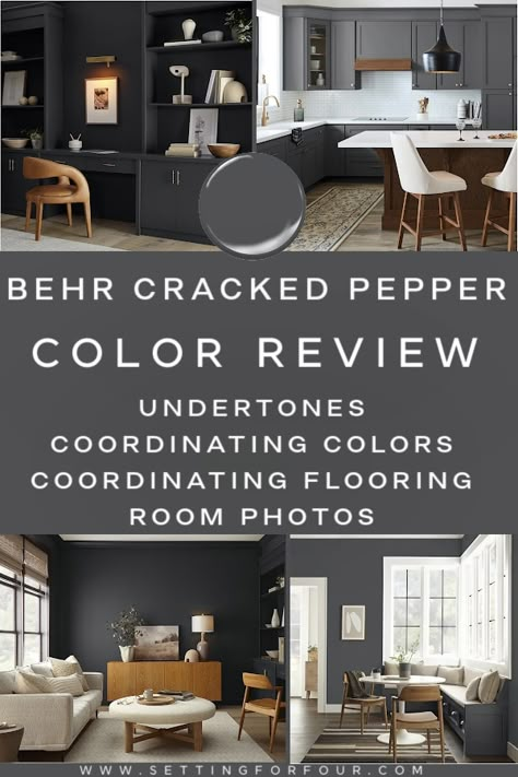 Behr Cracked Pepper Color Review - undertones, coordinating paint colors, flooring colors, room photos. Paint color inspiration. Peppercorn Behr Paint, Behr Paint Cracked Pepper, Behr Cracked Pepper Kitchen Cabinets, Cracked Peppercorn Paint Color, Cracker Pepper Behr Paint, Cracked Pepper Paint Bedroom, Behr Broadway Paint, Colors That Go With Cracked Pepper, Behr Cracked Pepper Coordinating Colors