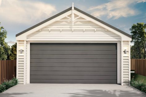 Double Garage with Gable Loft - Hybrid Build - Craftsman Builders Carport With Garage Door, Carport With Garage, Build A Garage, Building A Carport, Garage Extension, Double Garage Door, Timber Garage, Weatherboard House, Double Carport