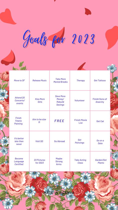 I found this idea on tiktok using to make your New Years Resolutions into a bingo board. I've always made goals instead of resolutions but here is my board. I used Canva. My template is pink with flowers. A few of my bingo spaces say start therapy, get a cat, Visit San Diego, etc. Journalism School, Dream Life Goals, Bingo Template, Goals Bullet Journal, Mental Break, Goals Template, Goal Board, Goal Journal, Vision Board Goals