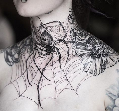 Large Spider Web Tattoo Wallpaper Trippy, Full Neck Tattoos, Tattoo On Chest, Spider Web Tattoo, Throat Tattoo, Web Tattoo, Neck Tattoos Women, Spider Tattoo, Full Body Tattoo